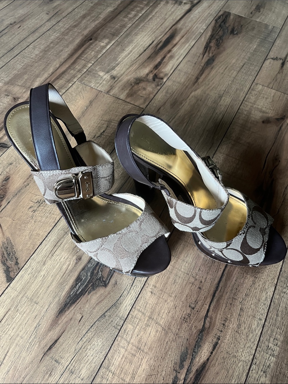 Coach Signature Canvas Peep-Toe Slingback Heels in Brown and Gold